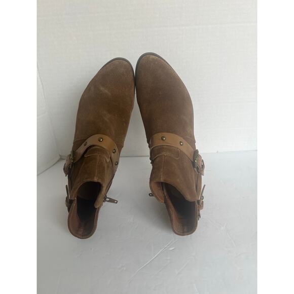 Crown Vintage Brown Leather Pointed Toe Studded Straps Block Heel Ankle Boot 8.5 - Picture 8 of 12